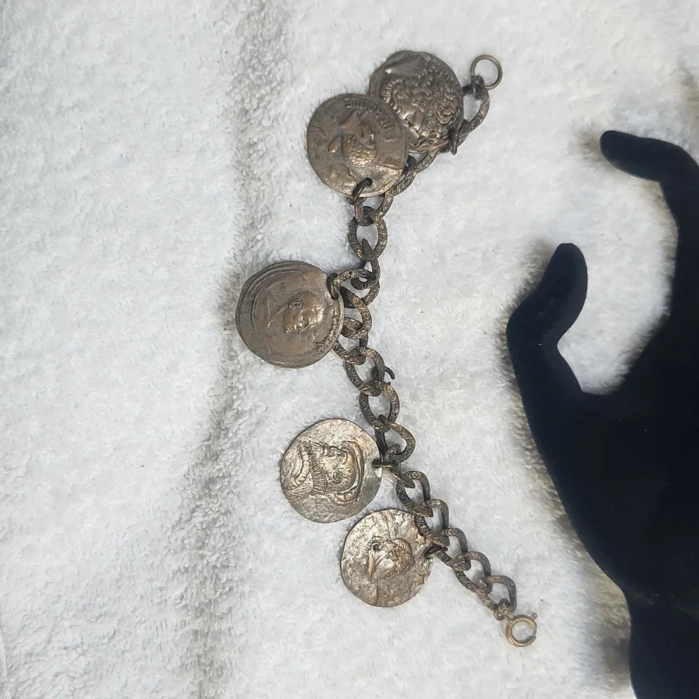 Vintage Coin Charm Bracelet Hercules Medallion Brass Tone Ornate‎ Chain AS IS